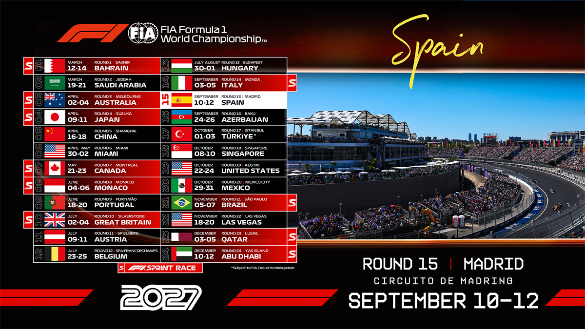 Calendario oficial del Campeonato del Mundo de Fórmula 1 2027 con las fechas y sedes de los 24 Grandes Premios de la temporada