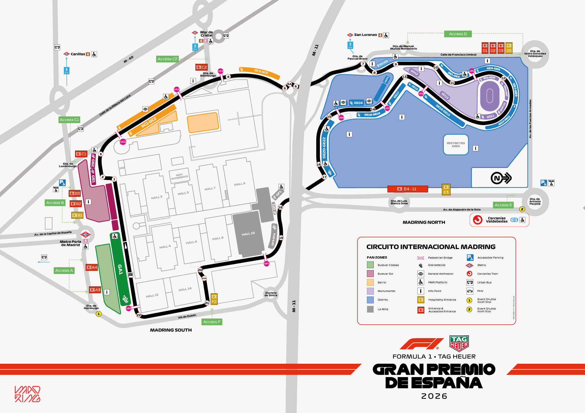 Accessibility map of the MADRING International Circuit, showing entrances, routes for people with reduced mobility, accessible platforms and public transport links. See the detailed description.