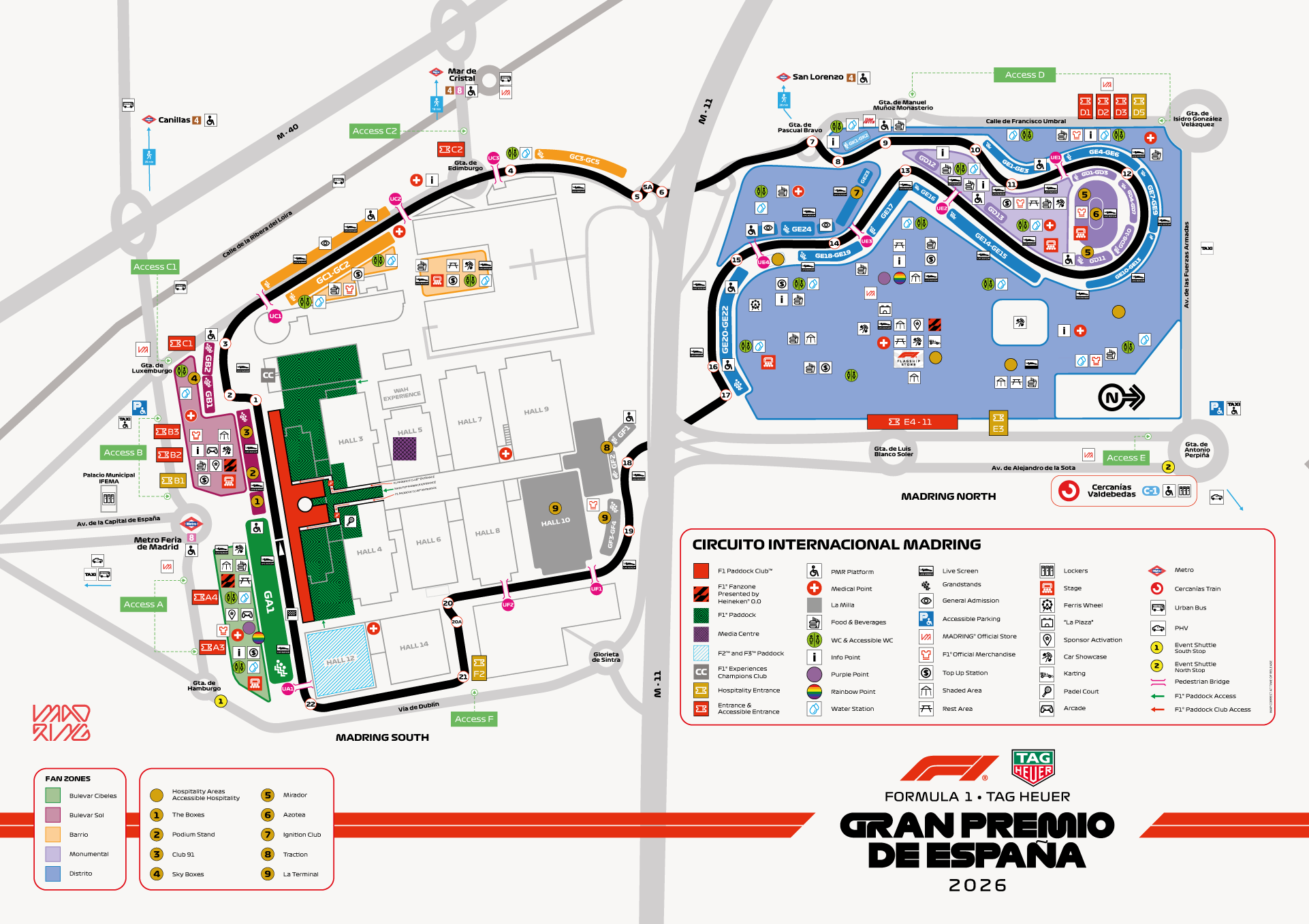 A guide map showing the entrances to the site and the locations of the main recommended public transport stops.