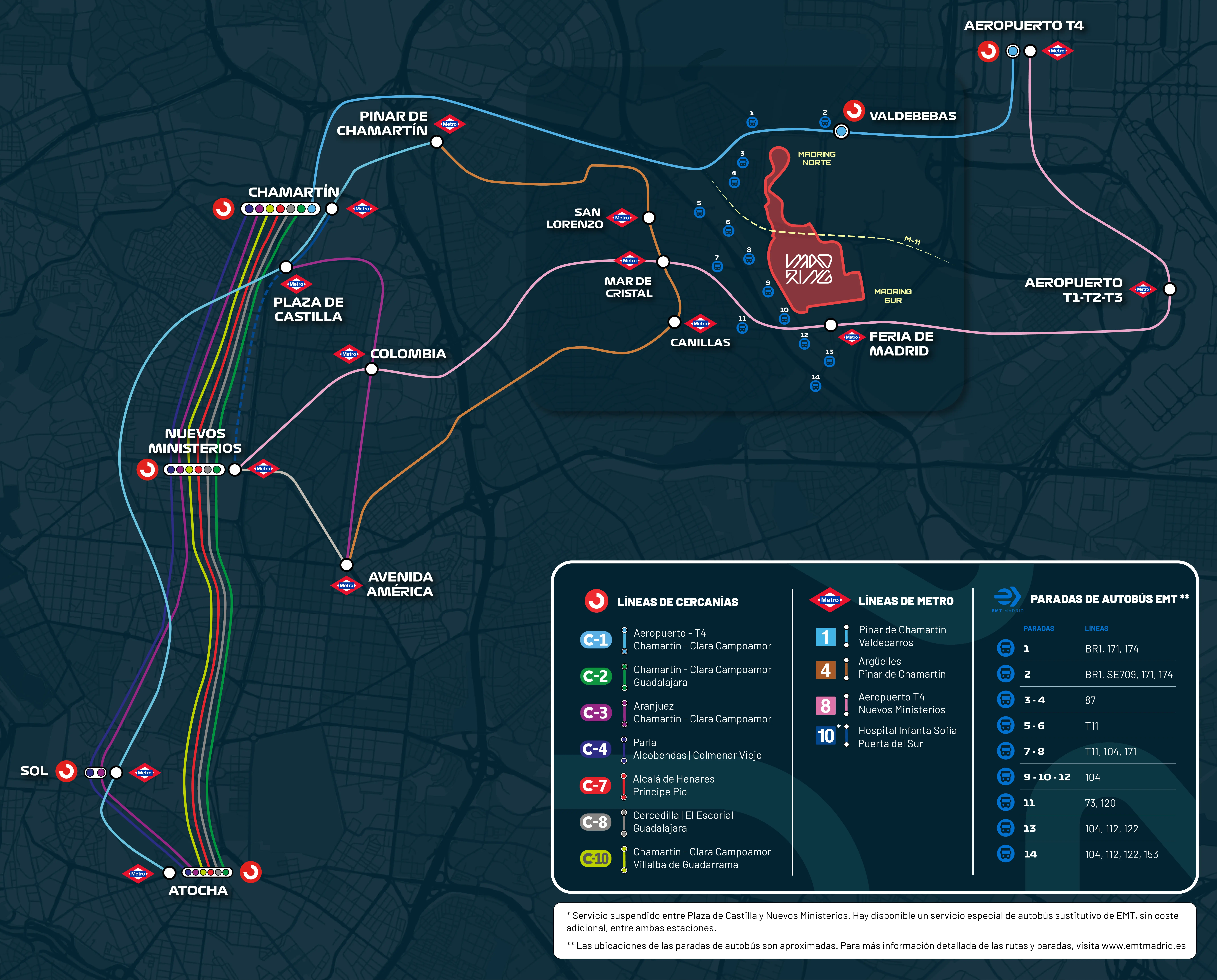 Plano orientativo de accesos al recinto y ubicación de las principales paradas de transporte público recomendadas.