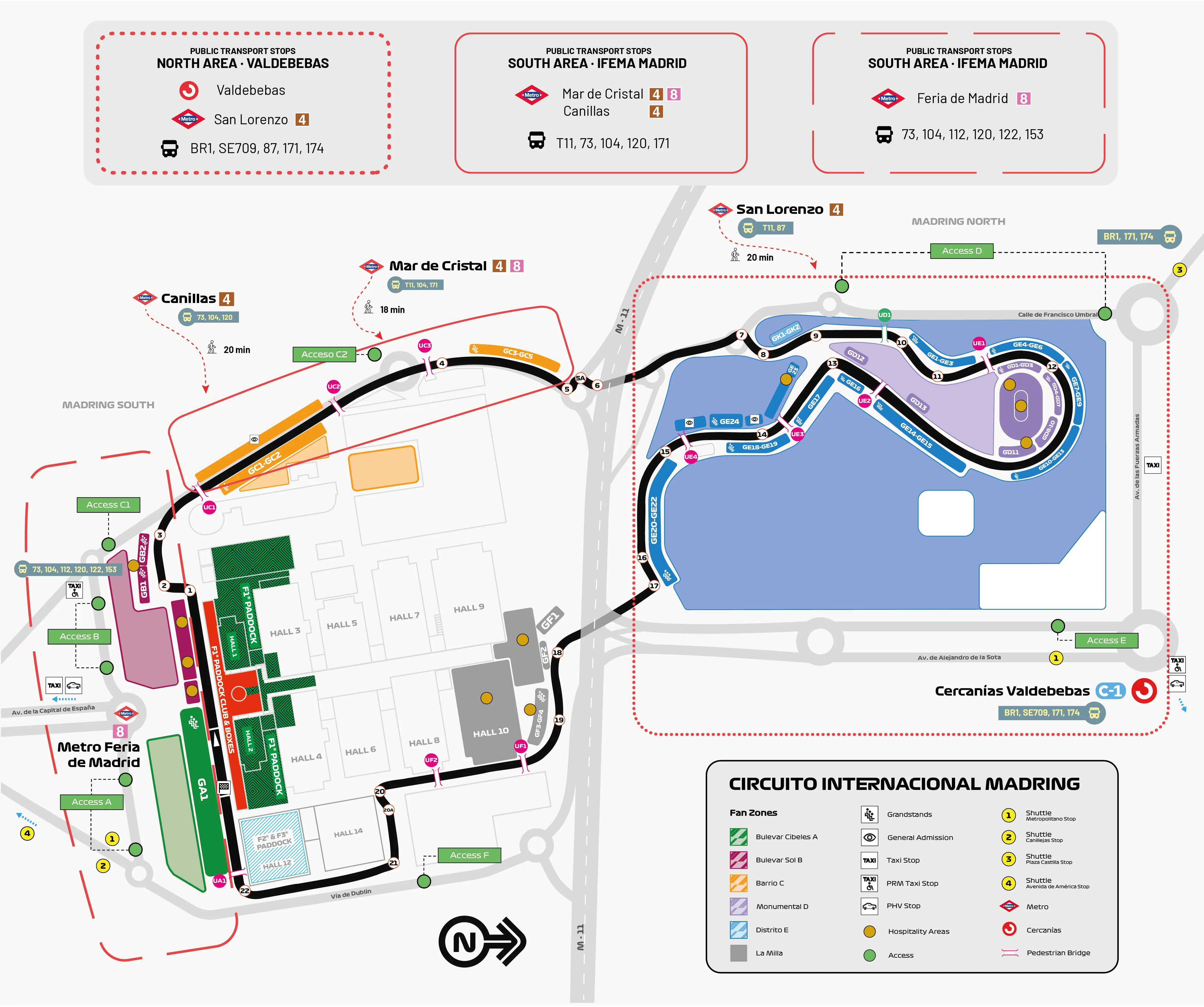 A guide map showing access routes to the venue and the locations of the main recommended public transport stops.
