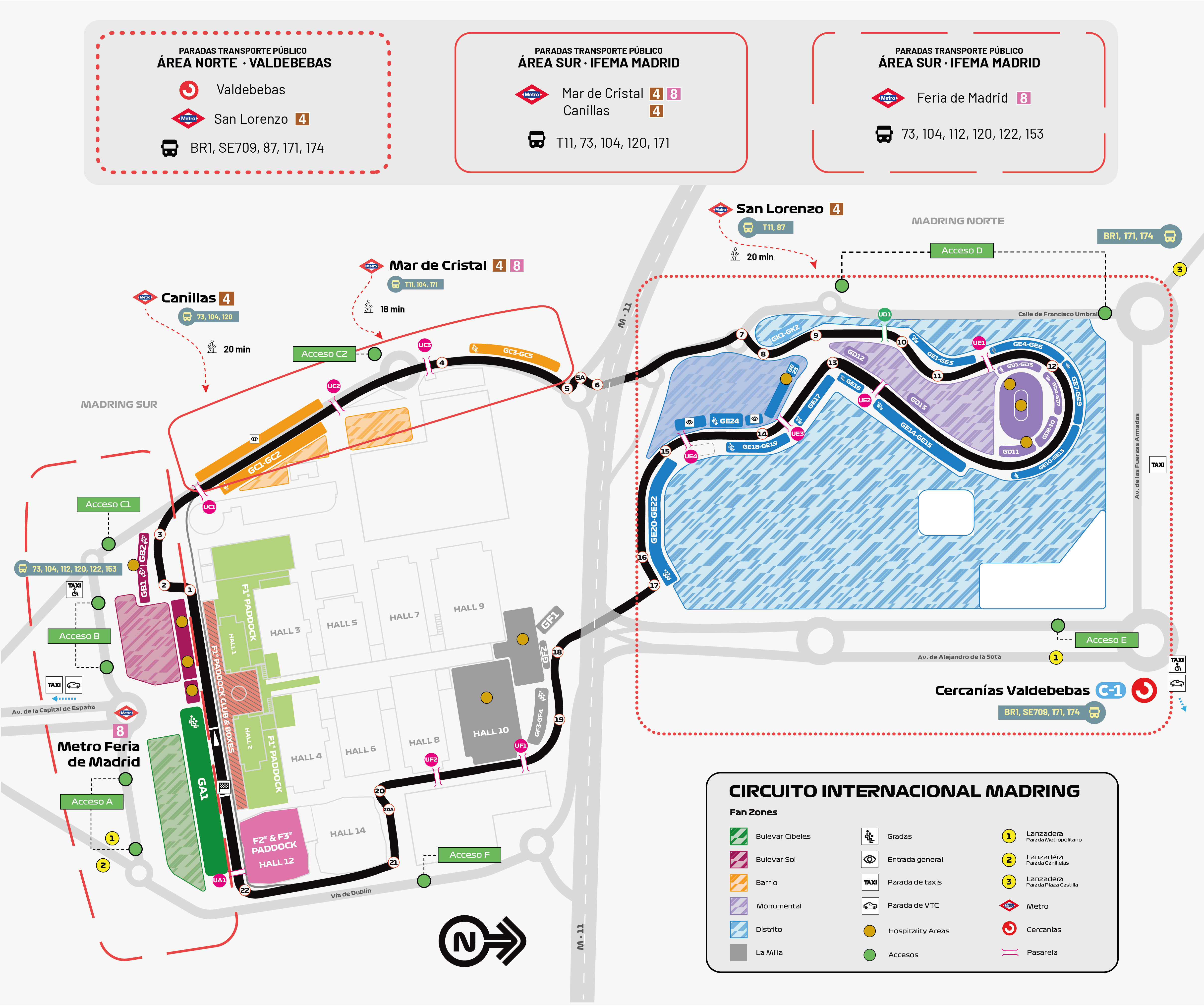Plano orientativo de accesos al recinto y ubicación de las principales paradas de transporte público recomendadas.