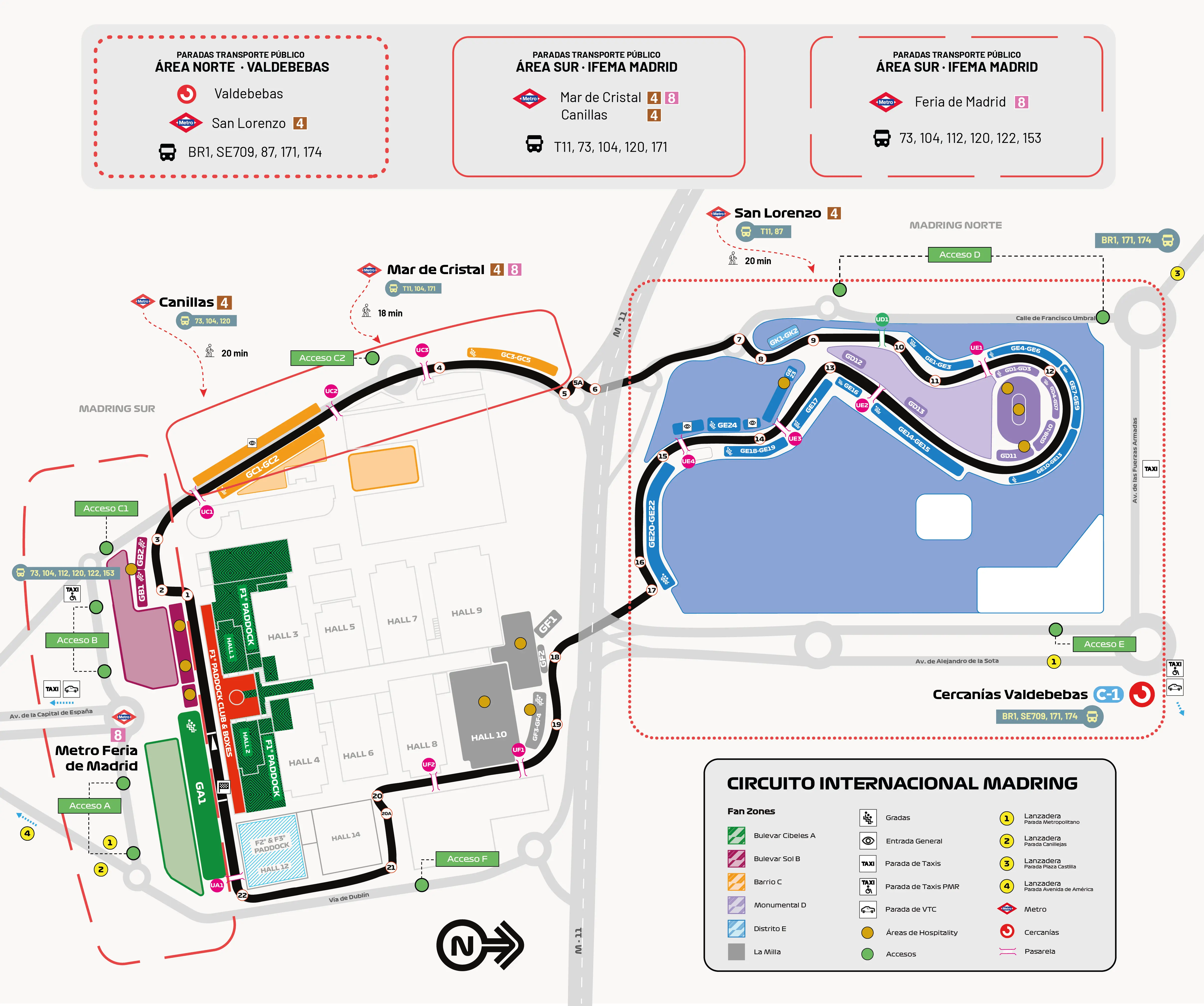 Plano orientativo de accesos al recinto y ubicación de las principales paradas de transporte público recomendadas.
